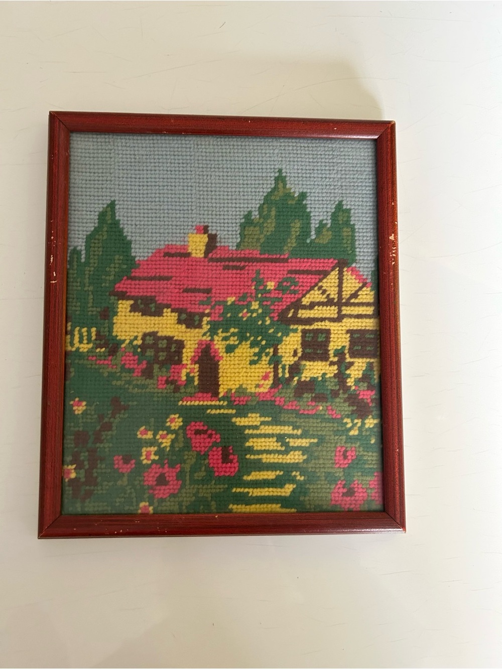 Vintage Framed Yellow Cottage Needlepoint with Pink Roof and Green Foliage